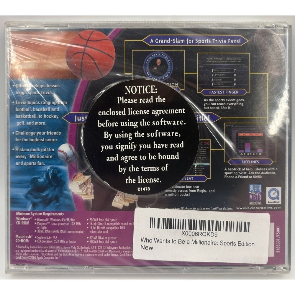 Who Wants to Be a Millionaire Sports Edition PC CD-ROM 2000 New Sealed Regis - Picture 2 of 2